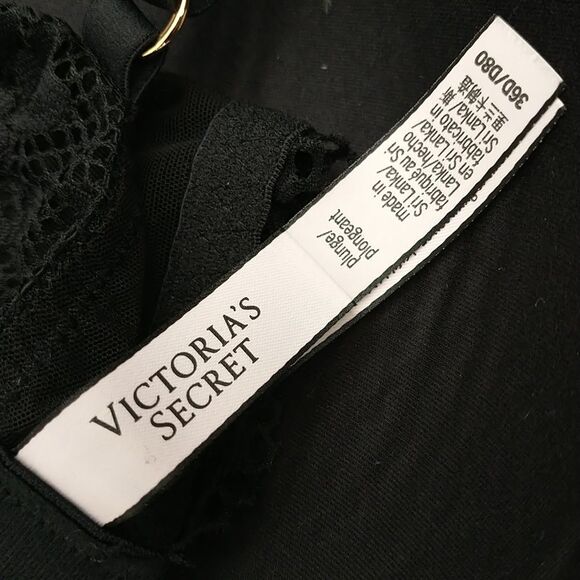 Victoria Secret Plunge Bra 36D Black Floral Lace Underwire Logo - Picture 9 of 11